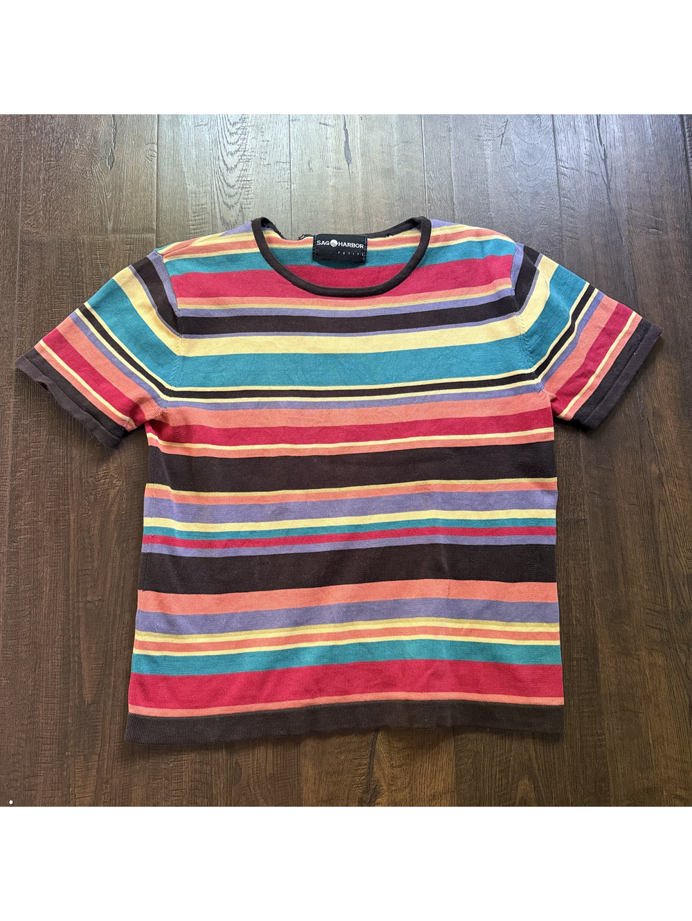 Vintage 90s Sag Harbor Petite Rainbow Striped Knit Short Sleeve Sweater Top